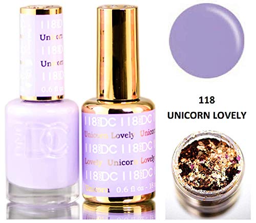 DND DC Purples GEL POLISH DUO, Gel Lacquer 0.5 oz + Matching Nail Polish Color 0.5 oz, Daisy Nails (with bonus side Glitter) Made in USA (Unicorn Lovely (118))
