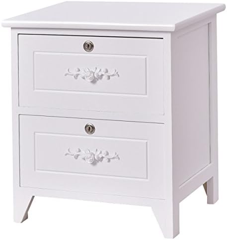 White Elegant Night Stand W/2 Lockable Drawer Storage Shelf Solid Wood End Table With Ebook