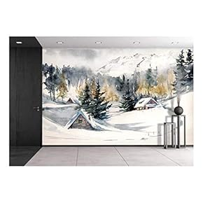Winter Landscape with Mountain Village Covered with Snow. Picture Created with Watercolors on Paper. - Removable Wall Mural | Self-Adhesive Large Wallpaper - 66x96 inches