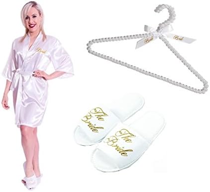 Ultimate Bride To Be Set Includes Kimono Dressing Gown, Slippers & Pearl Beaded Hanger