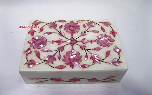 rkhandicrafts Jewelry Box Inlay Pink Stones 6" x 4" x 1.5" Rectangle White Marble Flower Design