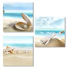 3 Piece Canvas Wall Art for Living Room, Bedroom Seashell Starfish on Beach Canvas Prints for Home Decoration Ready to Hang - 12"x12"x3 Panels