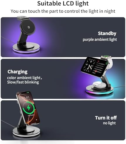 Cargador mag Safe, Estación de Carga 3 en 1 para Apple Watch y iPhone, Plegable, Giratorio con Ajuste de Luz, Cargador Inalámbrico Soporte de Carga para iPhone 16/15/14, AirPods (Sin Adaptador)-Negro