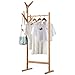 LANGRIA Single Rail Bamboo Garment Rack with 8 Side Hook Tree Stand Coat Hanger and Four Stable Leveling Feet for Jacket, Umbrella, Clothes, Hats, Scarf, and Handbags (Natural Wood Finish)