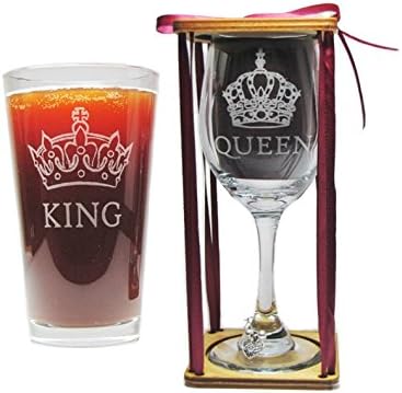 King and Queen Engraved Glasses - KING Pint and Queen Stemmed Wine Glass with Charm
