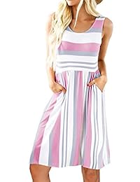PAPOSON - Vestido de verano para mujer, con bolsillos, a rayas, sin mangas, informal, con camiseta