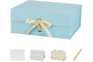 BoxSkivra Large Blue Gift Box with Ribbon 1 Pack 13X11X5.3 Inch Large Gift Box with Lid Magnetic Closure Rectangle Collapsible Luxury Box for Wedding Gifts Crinkle Cut Paper Shred with Card