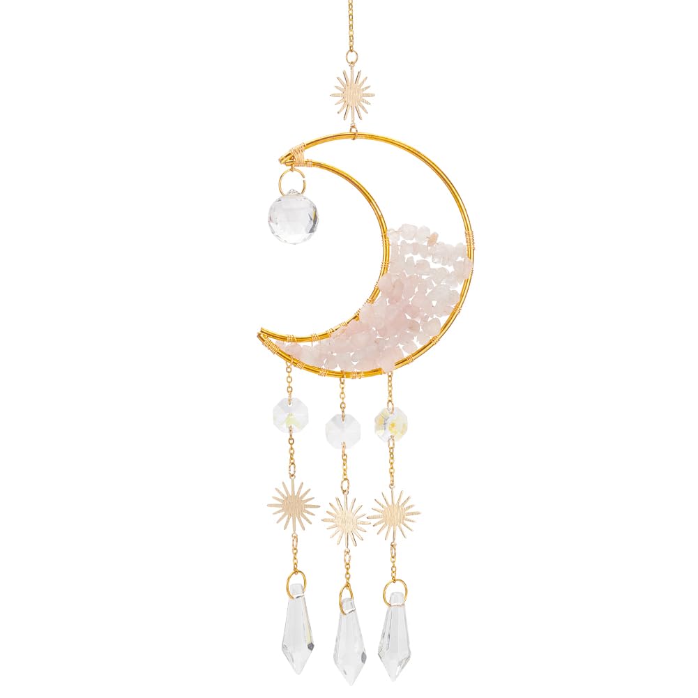 BENECREAT Crescent Moon Crystal Suncatcher with Natural Rose Quartz Beads, Window Hanging Prism Ornaments Crystal Glass Suncatcher for Home Garden Office Decoration, Pink