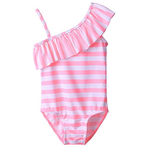 Girl's Athletic One Piece Swimsuit Stripe/Floral Bathing Suit Ruffle Swimwear