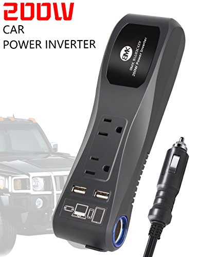 BMK 200W Car Power Inverter DC 12V to 115V AC Converter with 4.8A Dual USB Charger Adapter+Dual AC Outlet Plug+Cigarette Lighter for Car