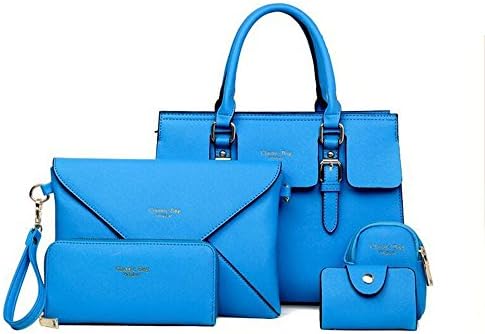 FavoMode Toothpick Pattern Blue PU leather Handbag Shoulder bag Messenger Tote Bag Purse Key Chain 5 Pcs Sets for Women