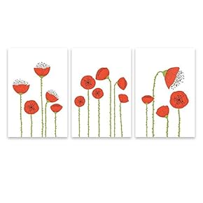 3 Panel Hand Drawing Style Red Poppy Flowers...