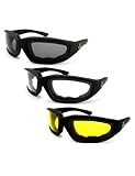 3 Pairs: Padded Motorcycle Riding Glasses Sunglasses- Day Night Dawn Dusk Smoked Clear Yellow Shatterproof Polycarbonate Lenses Matte Black Frame Uv400 Filter for Maximum Uv Protection Scratch Resistant Coating Rubber Ear Pads, Sunglasses For You