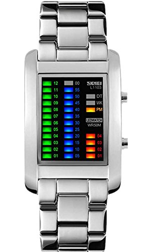 Men's Creative Binary Matrix Blue LED Digital Waterproof Watch Stainless Steel Military Silver Watches (Silver)