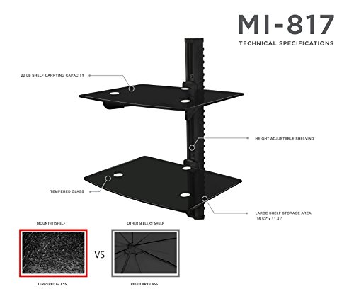 Mount-It! MI-817 Floating Wall Mounted Shelf Bracket Stand for AV Receiver, Component, Cable Box, Playstation4, Xbox1, VCR Player, Blue Ray DVD Player, Projector, Load Capacity 44 lbs, Two Shelves, Tinted Tempered Glass