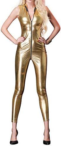 Tynora Women Shiny Metallic Jumpsuit Catsuit Bodysuit Unitard Costume Dancewear Clubwear
