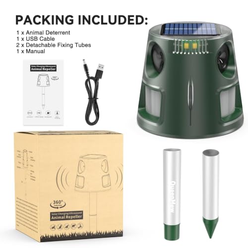 Ahuyentador de gatos ultrasónico solar, para jardín, impermeable, 5 modos, ajustable, carga solar, 360°, eficaz para gatos, perros, pájaros, ratones