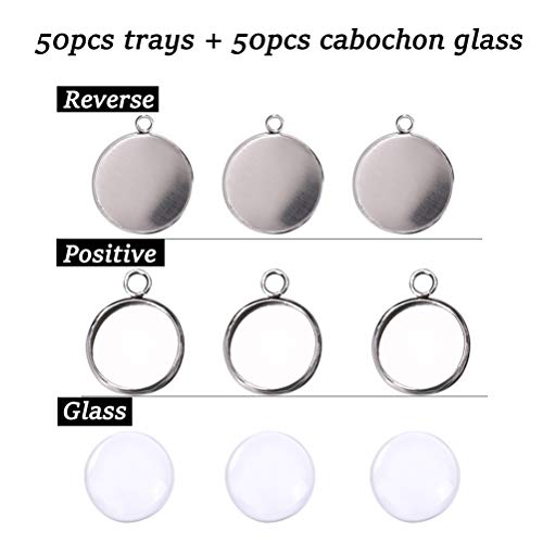 Blank Pendant Trays Transparent Glass Cabochon Settings Stainless Steel Charms for Photo Craft Jewelry Making Round Shaped 12mm 50pcs