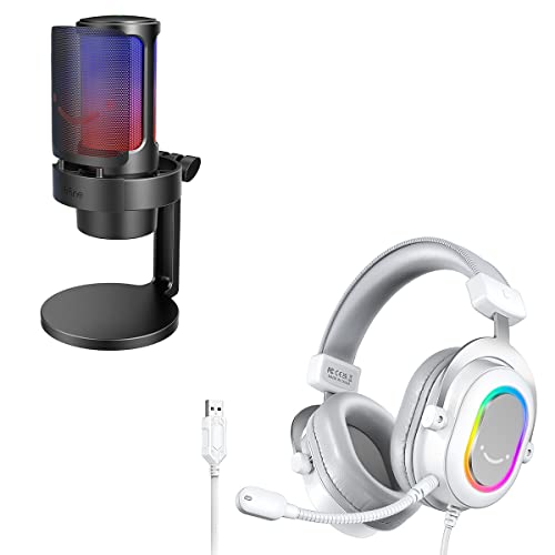 FIFINE PC Microphone and White USB Headset, Gaming Streaming