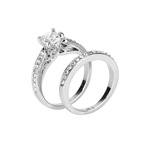 Haluoo 2 Piece Rings Set, Sterling Silver Cubic Zirconia Round Cut Wedding Engagement Ring Halo Diamond Bridal Sets (6, Silver)