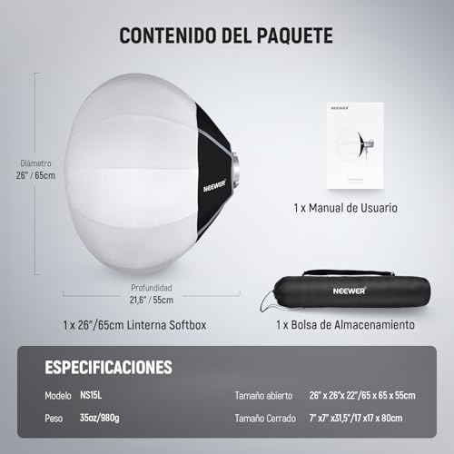 NEEWER BÁSICO Softbox Linterna, 26" Difusor Luz 360° Liberación Rápida Montura Bowens Softbox Aleación Nailon para Foco Luz Continua LED, para Fotografía Estudio Grabación Video y Streaming, NS15L