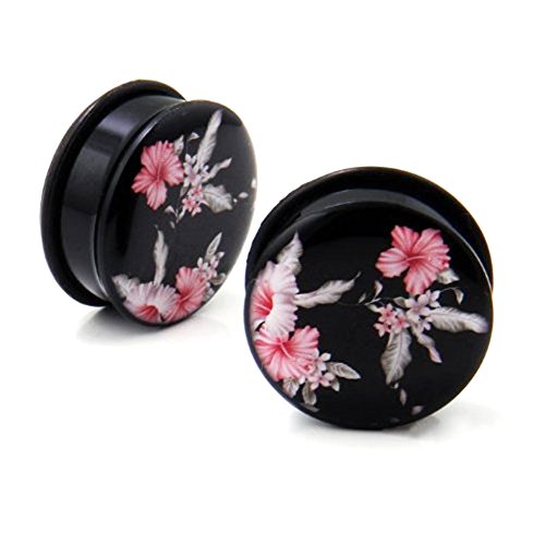 Japanese Pink Cherry Blossom Flower Black Acrylic Single Flare O Ring Ear Plugs Big Gauges