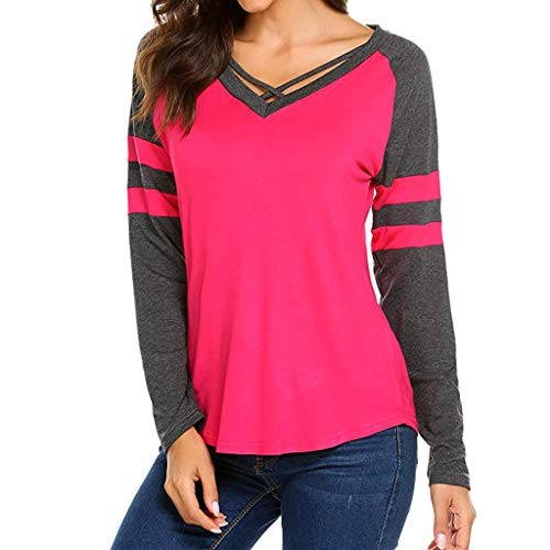 Women Sexy V-Neck Long Sleeve Patchwork Cross Undershirts T-Shirt Blouse Tops Red - Thumbnail 7