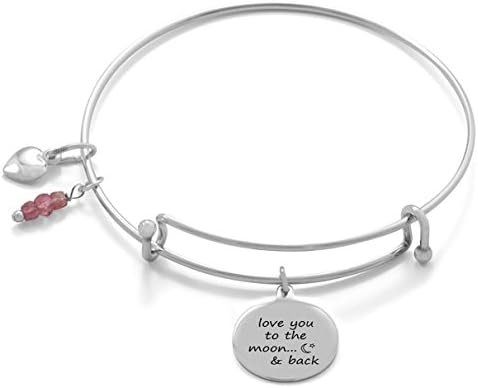 Sterling 2-Hook Wire Bangle, Heart/Tourmaline/LOVE YOU TO THE MOON AND BACK Charms