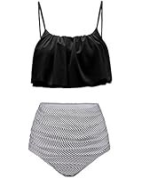 Tempt Me Two Piece Women Flounce Ruched Crop High Waist Vintage Bikini Set Black S