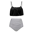 Tempt Me Two Piece Women Flounce Ruched Crop High Waist Vintage Bikini Set Black L