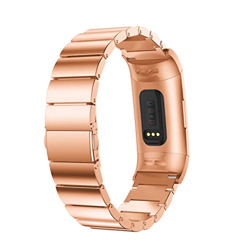MoreToys Compatible Fitbit Charge 3 Band, Stainless Steel Replacement Accessory Sport Wristband Watch Strap Bracelet Fitbit Charge 3 Fitness Tracker (Rose Gold)