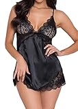 Anyou Women Sexy Sleepwear Lace Slip Satin Nightgown with Adjustable Spaghetti Straps Black X-Large