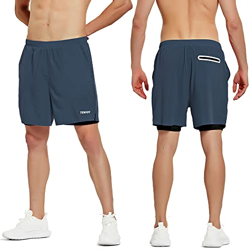 TENJOY Men's 2 in 1 Running Shorts 5" Athletic Gym Workout Shorts for