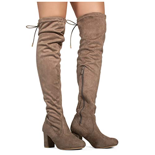 RF ROOM OF FASHION Women's Medium Calf Over The Knee Chunky Heel Stretch Boots Taupe Size.8