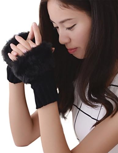 Womens Fingerless Gloves &amp; Winter Touchscreen Gloves - Woolen Fingerless Gloves - Stylish Winter Mitten Gloves with Faux Fur - 4 Color Options - By Exclusive Club