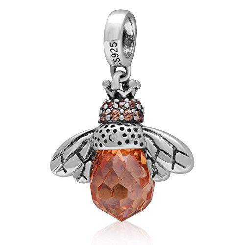 Ollia Jewelry 925 Sterling Silver Dangle Beads Queen Bee Beats Its Wings Charm with Orange Faceted Zircon Stones Industrious Little Insect Charms