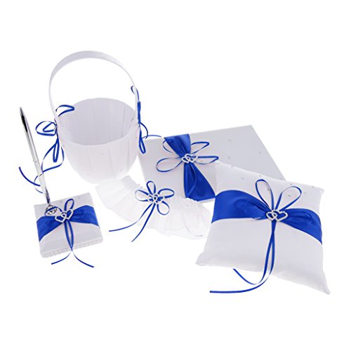 SunniMix Pieces of 5 Wedding Set Guest Book and Pen Stand Flower Girl Basket Ring Cushion Ring Holder Ring Bearer Garter Keepsake Memorial - Blue, as described