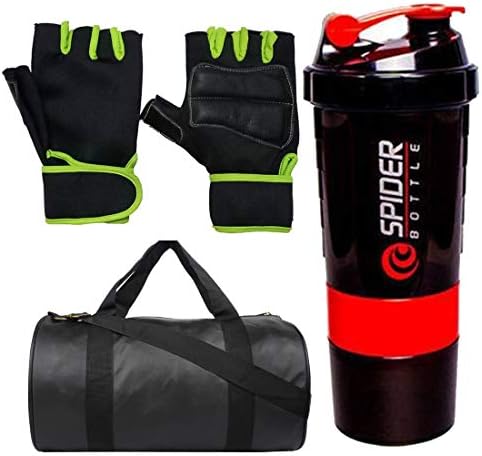 Snipper Combo of Leatherite (Black) Duffle Gym Bag, Lycra Gym Gloves (Green) (Free Size), Spider Gym Shaker (Red) Gym/Fitness Kit/Combo/Gym Accessories/Gym Kit/for Men and Women