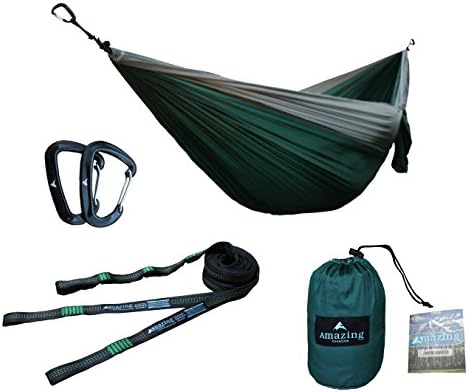 Double Parachute Camping Hammock with Tree Straps | Lightweight Carabiners and Straps Included | For Backpacking, Camping, Hiking, Travel, Beach, Yard, 125" x 79"
