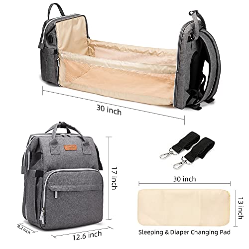 Diaper Bag Backpack, Travel Foldable Baby Bed, Portable Sleeping Mummy Bag, Multifunction Large Capacity Baby Bassinet with USB Charging Port, Waterproof and Stylish, Grey