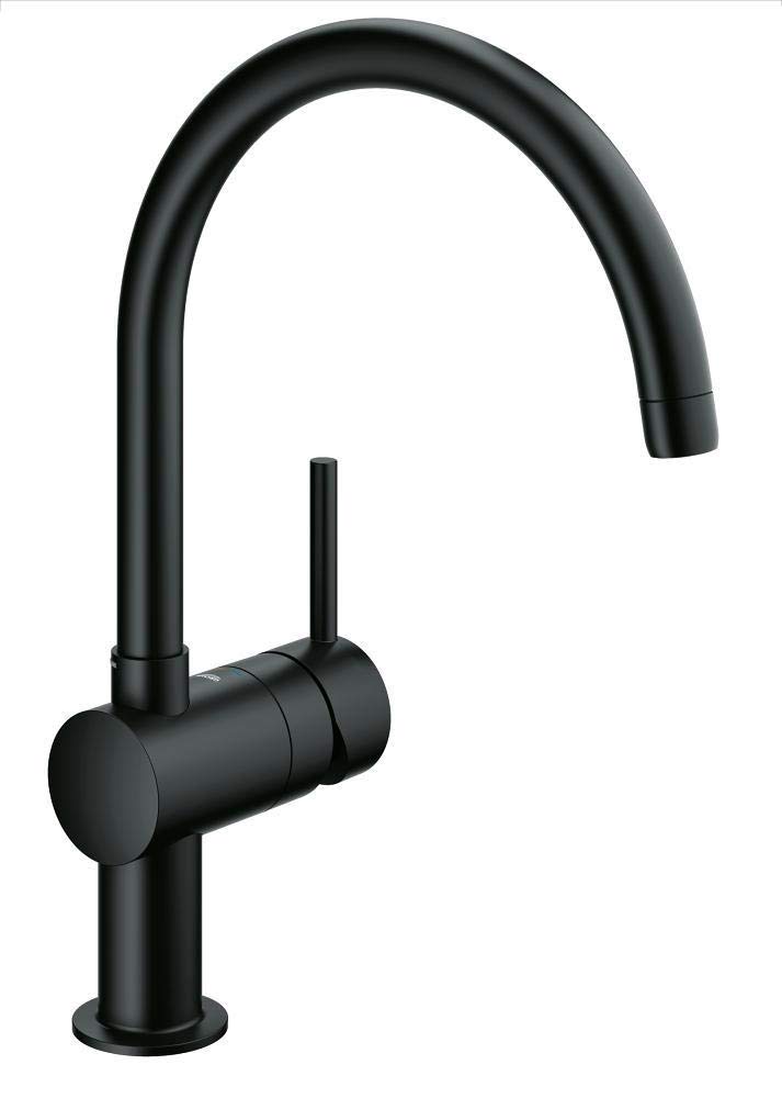GROHE Minta - Kitchen Sink Mixer Tap (1 Lever, High C-Spout, Selectable Swivel Spout, 46 mm Ceramic Cartridge, Monobloc Rapid Installation System, Tails 3/8 Inch), Size 356 mm, Velvet Black, 32917KS0