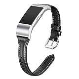 bayite Bands Compatible Fitbit Charge 2, Slim Genuine Leather Band Replacement Accessories Strap Charge2 Women Men Large Small