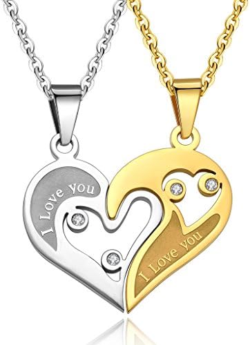 Anmao Jewelry Heart Shaped Necklace Gold Silver Necklace Double Colors Stainless Steel Necklace Two Half Heart Necklace Crystal Heart Necklace Broken Heart Necklace for Couples