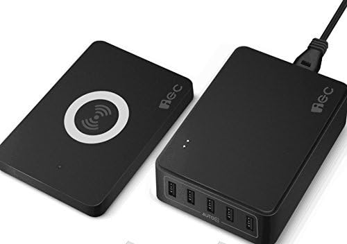 5-Port USB Charger with Wireless Charger EC Technology 55W 5-Port Desktop Charger Charging Station with Auto IC and Qi Wireless Charging Pad for iPhone 8, Galaxy S7 and All Qi-Enabled Devices (UK Adapter)