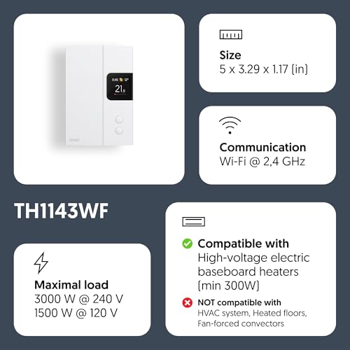 Sinopé Smart Wi-Fi Thermostat for Electric Baseboard Heaters – Color Display, Up to 25% Energy Savings, Works with Alexa, Google Home & Apple Home – TH1143WF