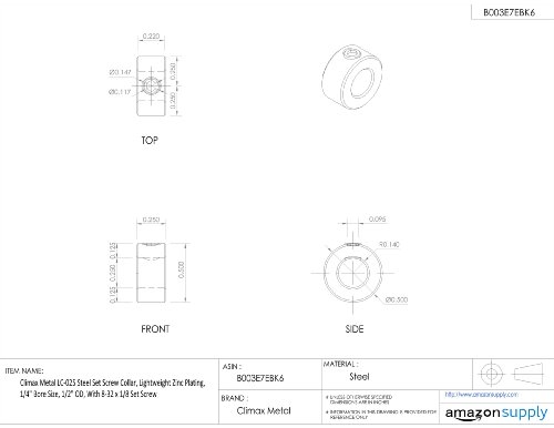 Climax Metal LC-025 Steel Set Screw Collar, Lightweight Zinc Plating, 1/4" Bore Size, 1/2" OD, With 8-32 x 1/8 Set Screw