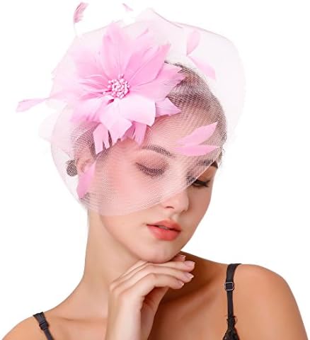 Feather Flower Fascinator Wedding Hair Clip Headpiece Cocktail Party Headwear (Pink)