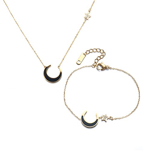 GEORGE SMITH "Moonlight Lover" Charm Womens Pendant Necklace Gold Link Bracelets Crescent Moon and Star Element,316L Surgical Stainless Steel Jewelry Sets Birthday Gifts