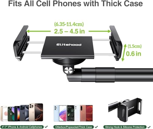elitehood Overhead Phone Mount with Heavy Duty Base, Height Adjustable Phone Stand for Filming, 38cm Long Arm iPhone Holder for Video Recording, Overhead Tripod for iPhone 15 14 13, Android Cell Phone