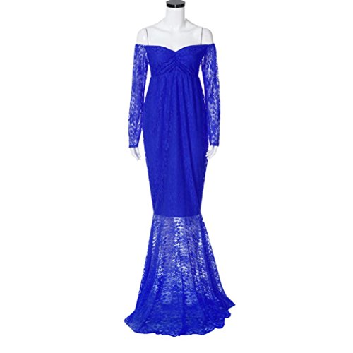 Pregnant Women Lace Long Maxi Dress, Off Shoulders Long Sleeve Loose Long Dress [Maternity Gown Photography Props Clothes] Valentine's Day Present (Blue, L) - Thumbnail 4